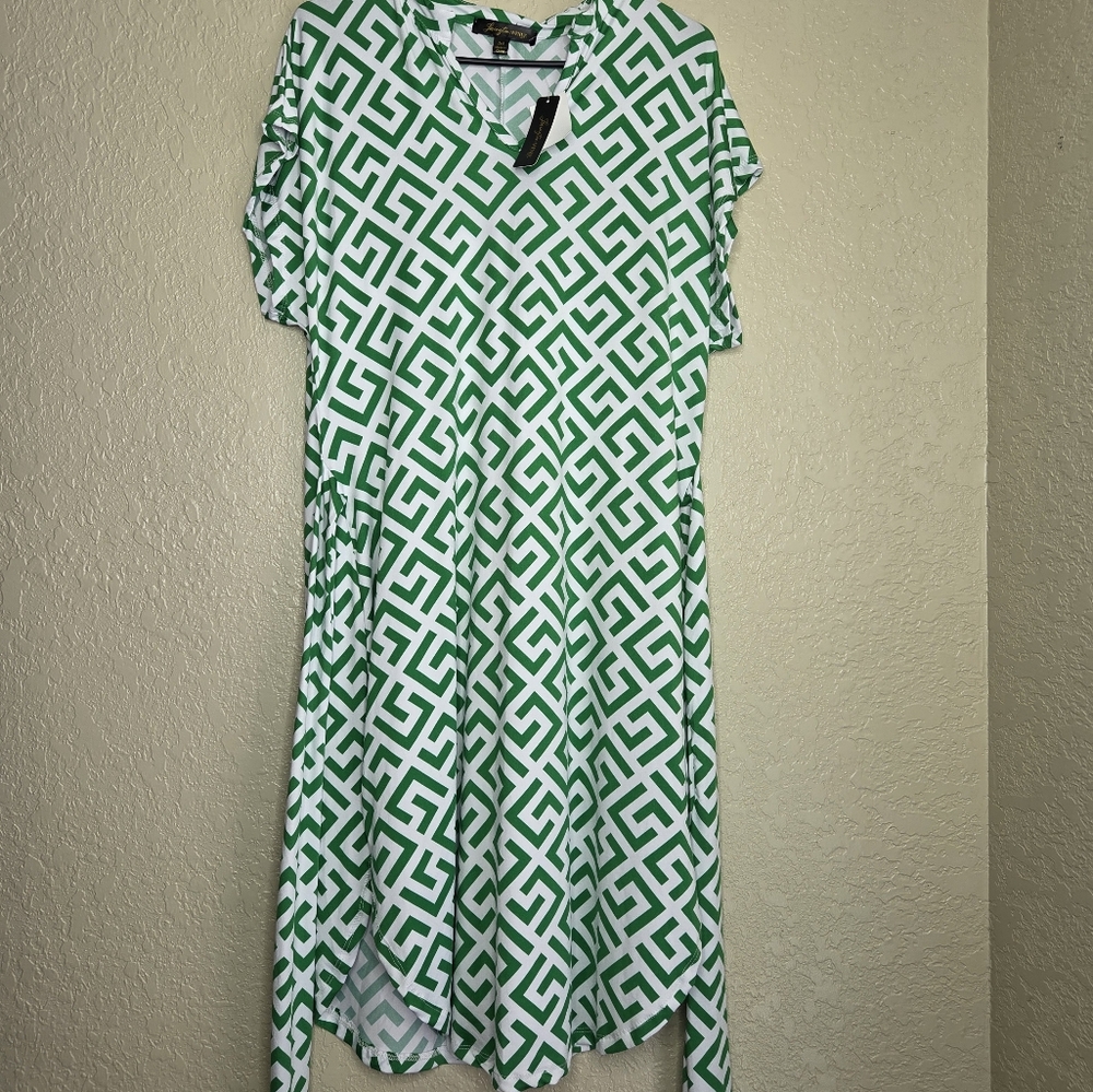 Green and White Flutter Sleeve Dress